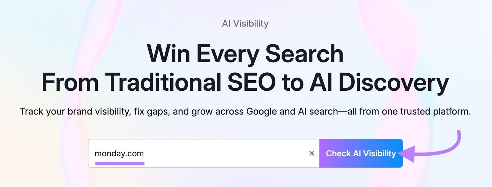 AI Visibility tool start with "monday.com" entered as the domain and “Check AI Visibility” clicked.