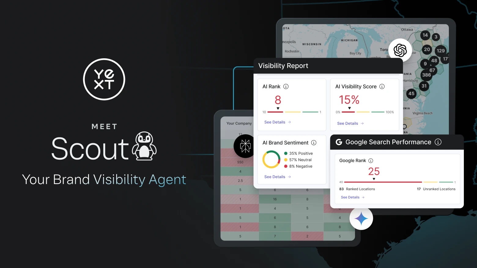Yext Scout's Brand Visibility Agent shows a local brand's AI rank, visibility score, brand sentiment, and Google Search Performance for locations.
