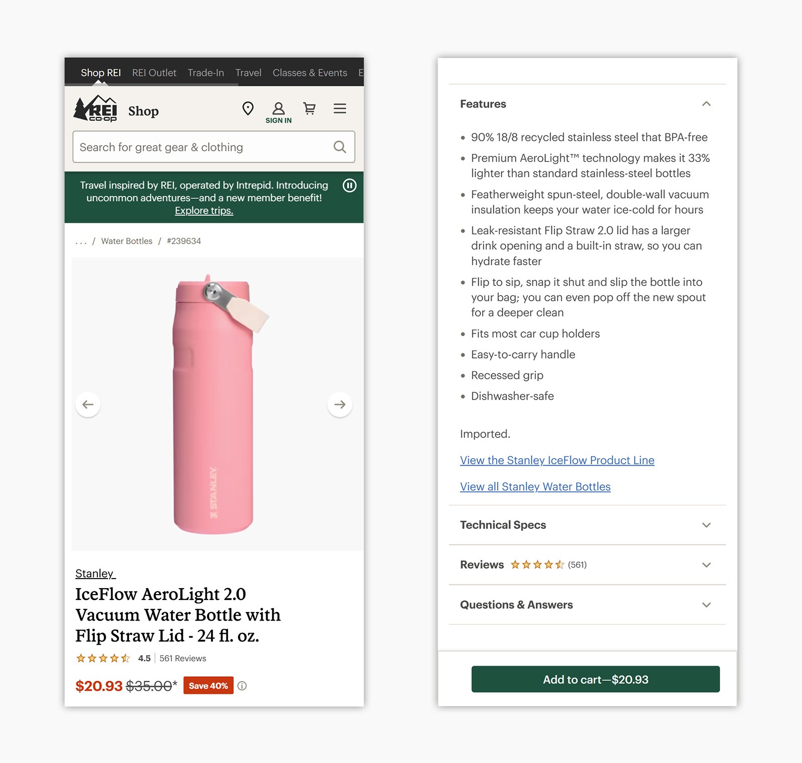 REI mobile product page for Stanley IceFlow AeroLight water bottle with features, reviews, and Add to cart
