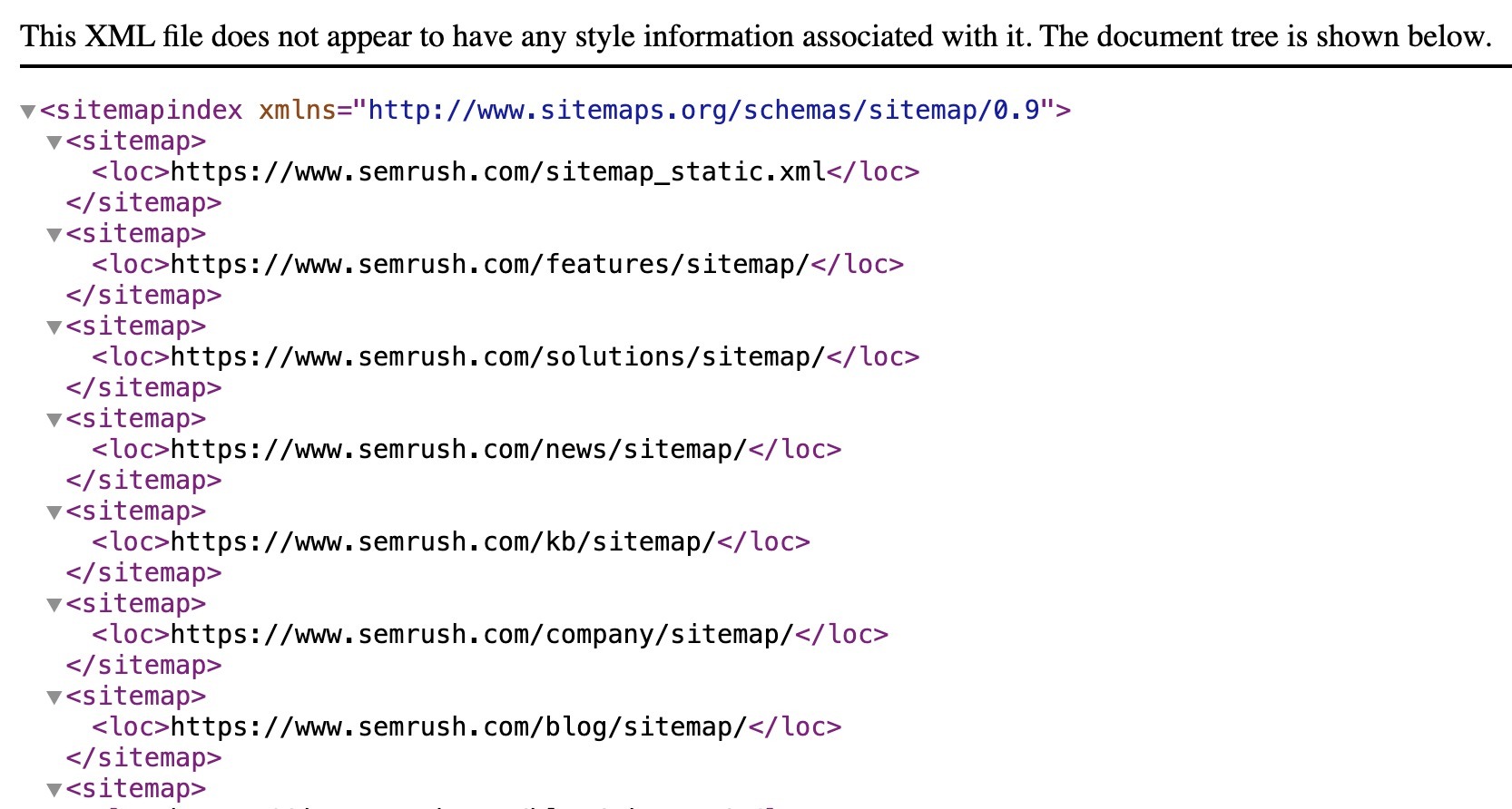 Semrush’s XML sitemap showing a list of pages and where to find them.