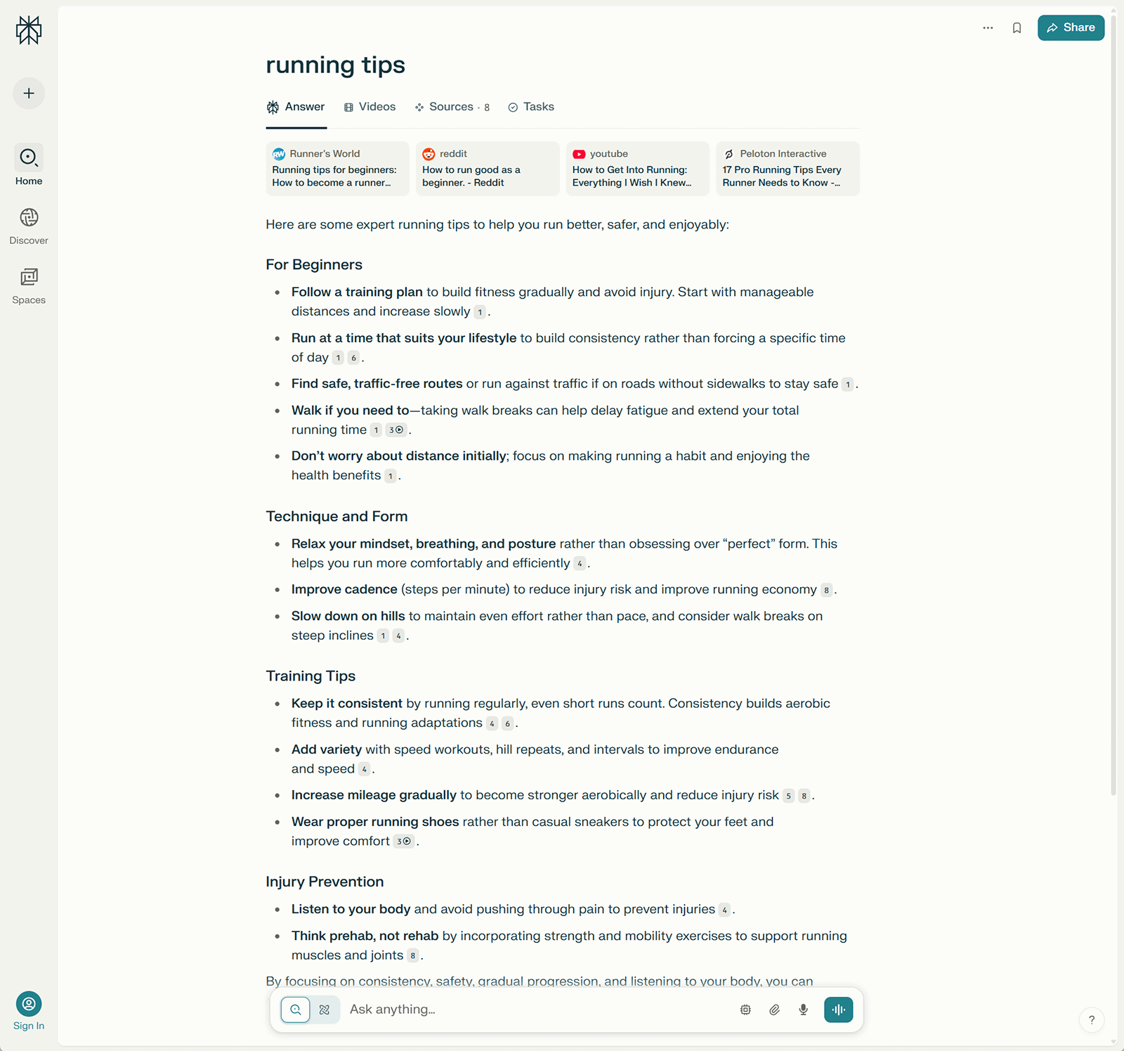 Perplexity displays running tips broken into sections like training and injury prevention, with linked sources above.