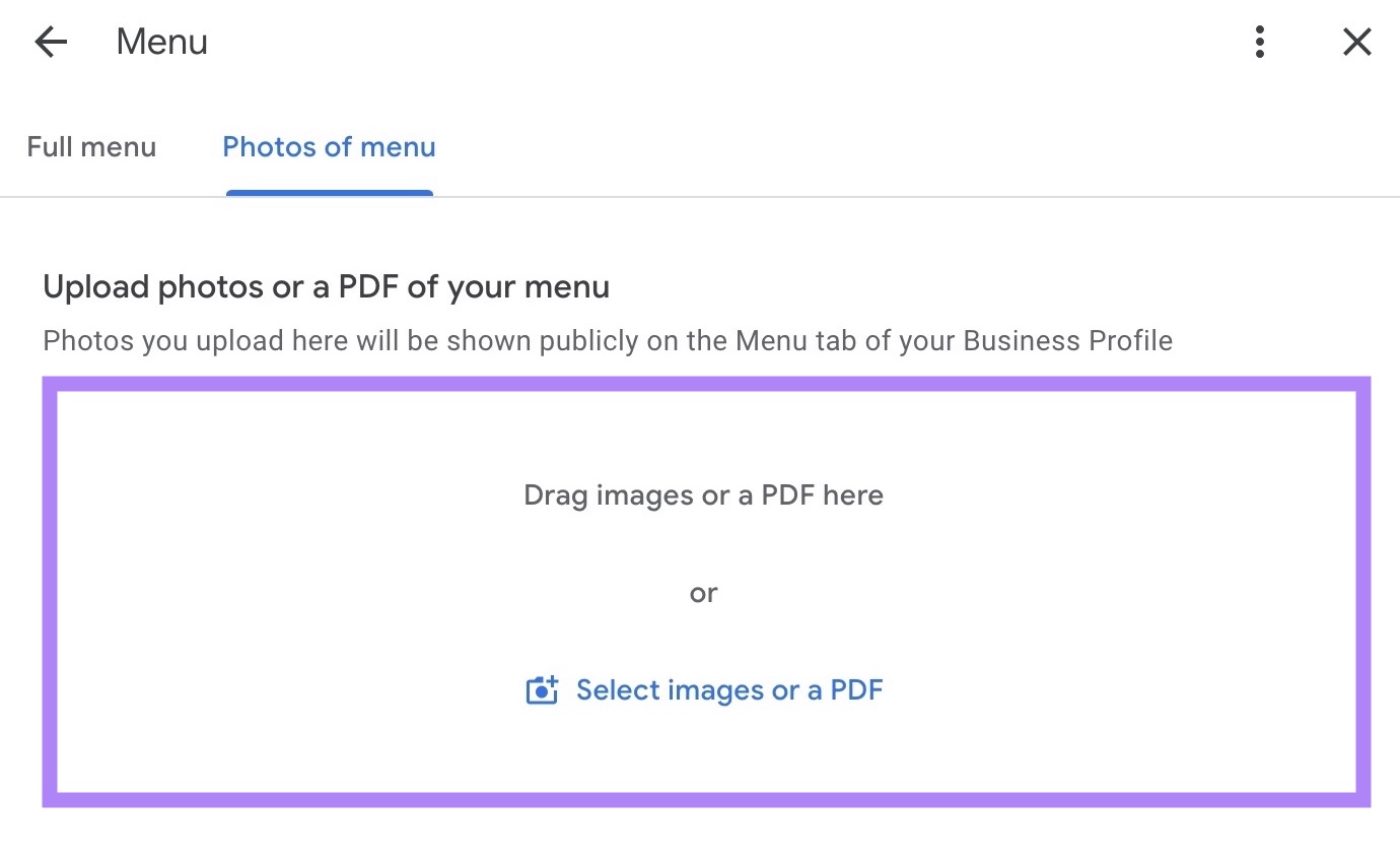 The "Photos of menu" tab on the "Menu" window of GBP where a restaurant can upload images of their menu.