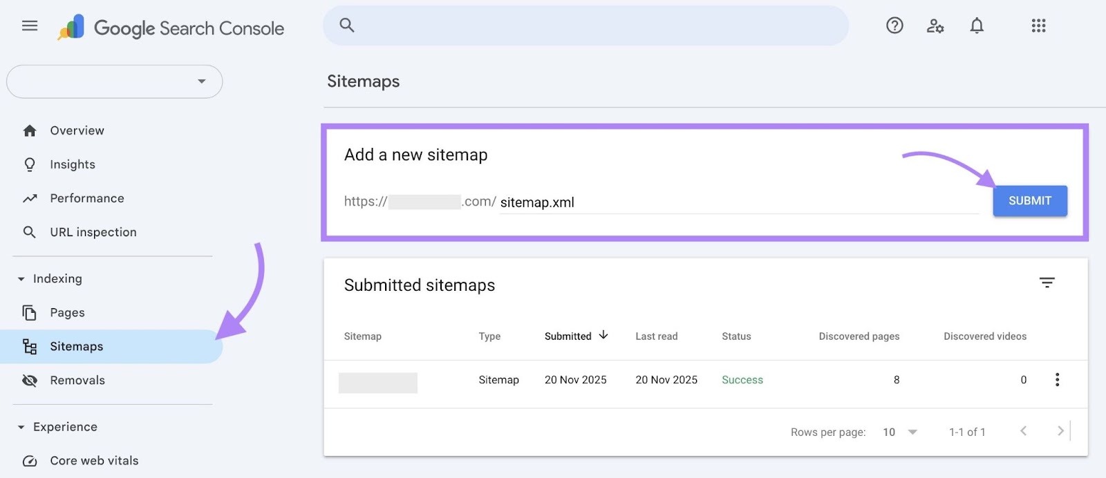 Sitemaps on Google Search Console with the "Add a new sitemap" section highlighted and "Submit" clicked.