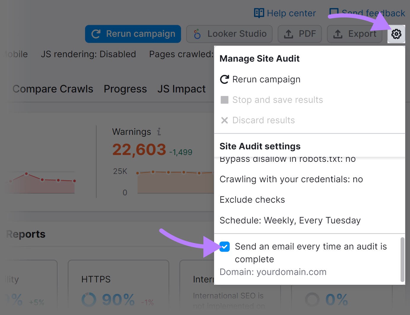 “Send an email every time an audit is complete” box checked