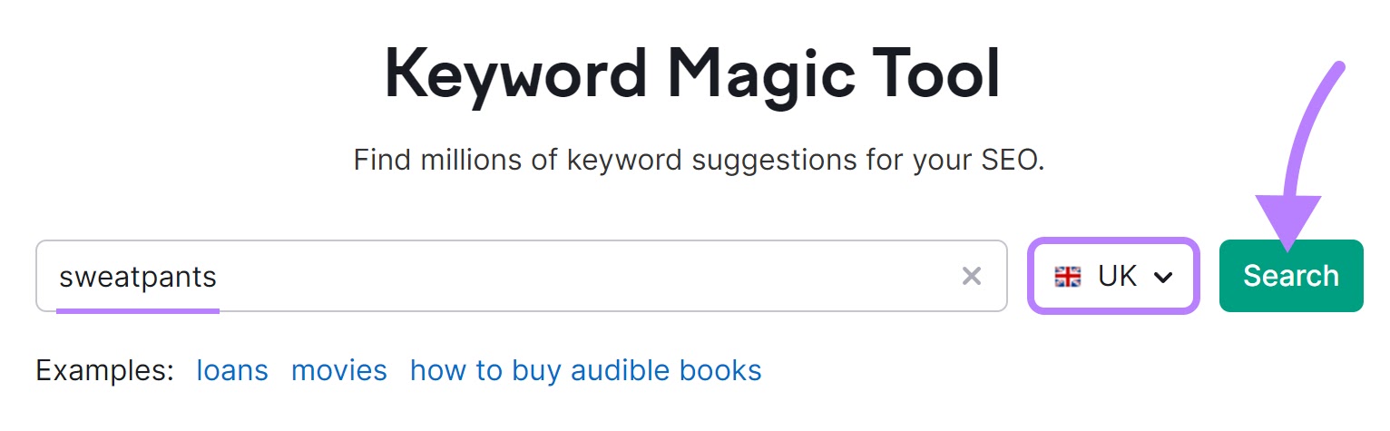 "sweatpants.com" entered into the Keyword Magic Tool search bar