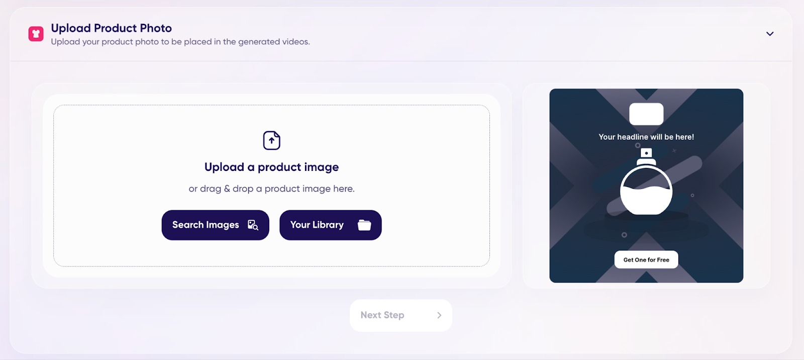 An example of the &lsquo;Upload Product Photo&rsquo; step in the process of creating Product Video Ads.