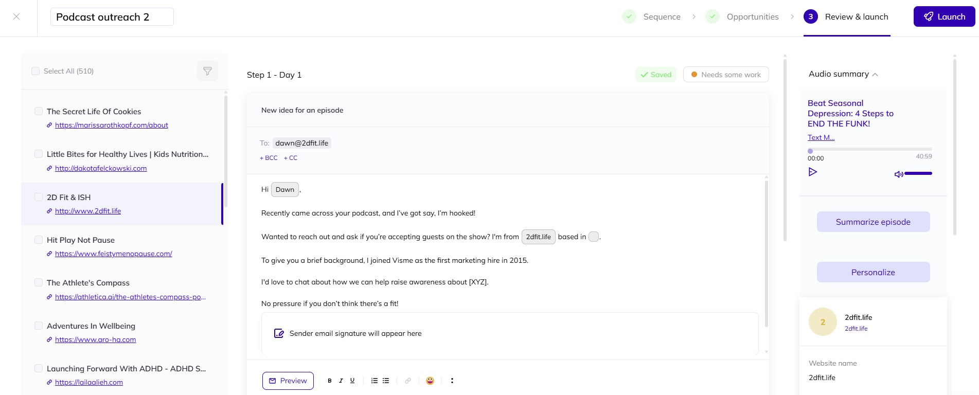 How to review your opportunities and emails before launch in AI Backlink Builder.