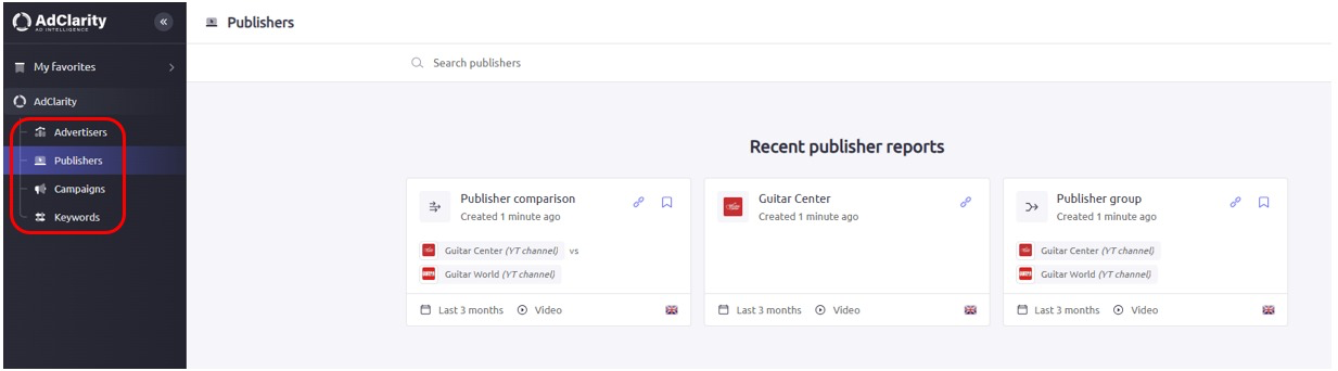The AdClarity report type selection menu.